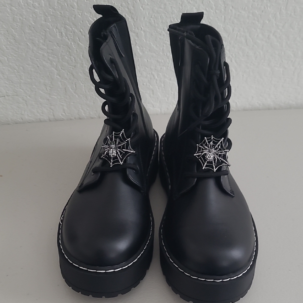 Black Combat Boots with Spider Web Detail